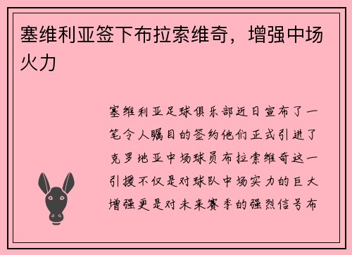 塞维利亚签下布拉索维奇，增强中场火力